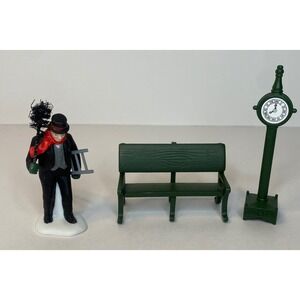 Vintage Dept 56 Town Clock 51101 Green Metal W/ Bench + Chimney Sweep Man 5569-7